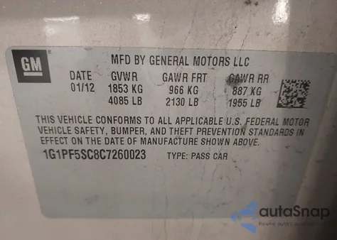 2012 Chevrolet Cruze 1Lt из США, поврежденный, VIN 1G1PF5SC8C7260023